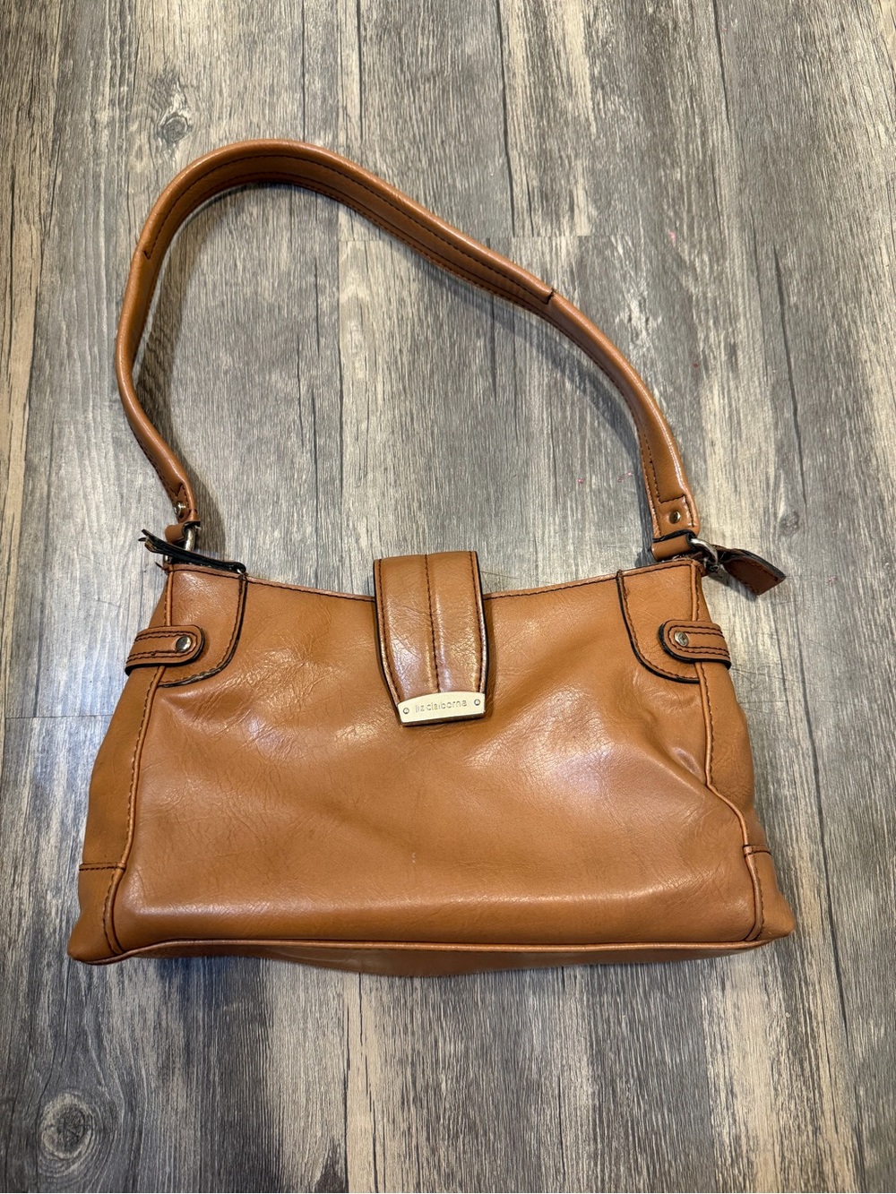 Liz Claiborne Vintage Y2K Brown Leather Mini Shoulder Bag Clasp Front Baguette